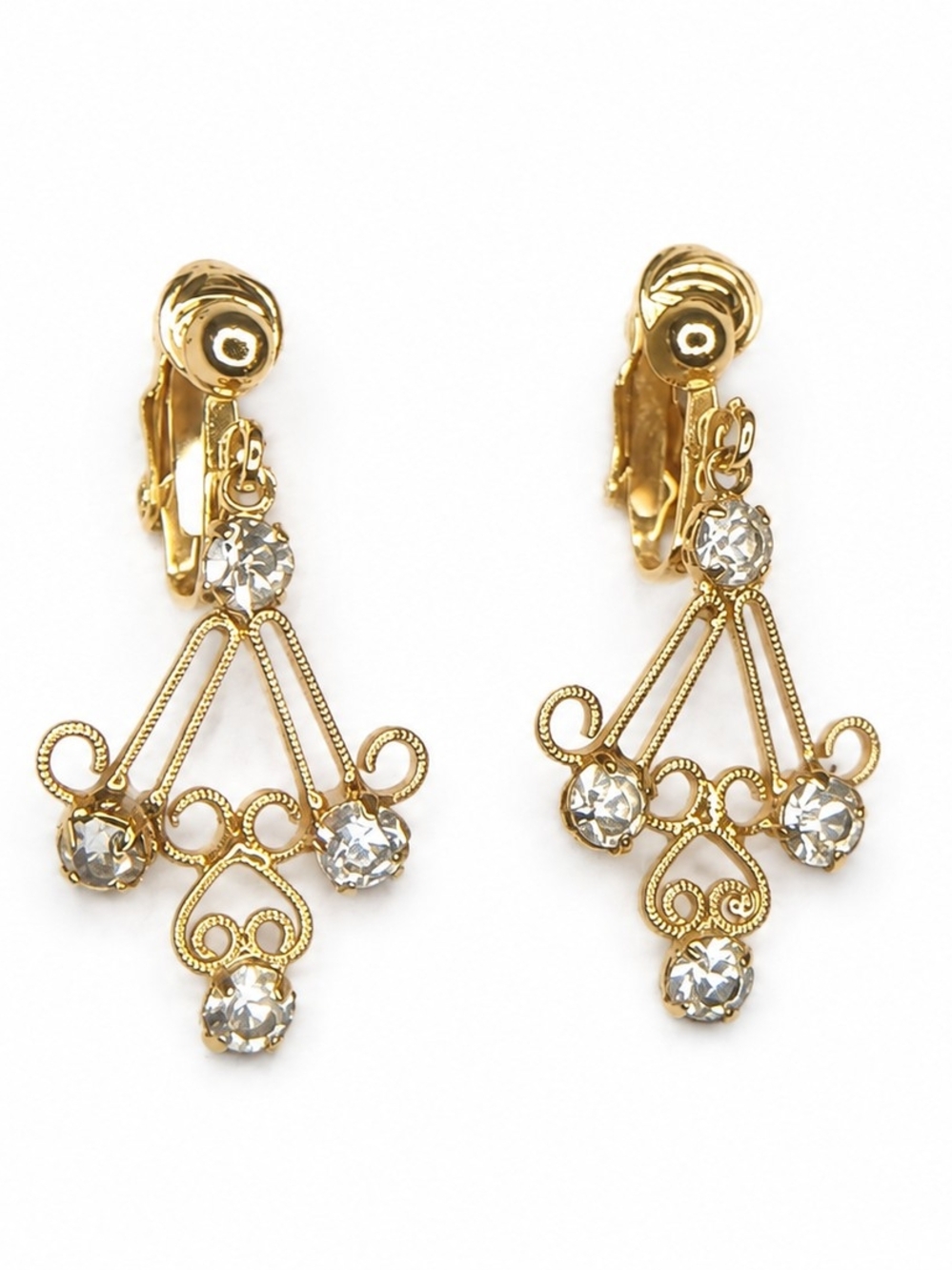 Gold Crystal Filigree Drop Clip-On Earrings - Elegant Women’s Jewelry